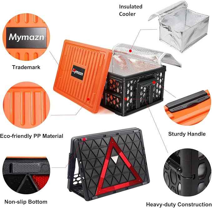 Mymazn Trunk Crate Organizer with Cooler for Car, Collapsible Plastic Trunk Lid Organizer Box for Travel, Groceries, Sports, Home, Tailgating | Removable Insulated Cooler Set
