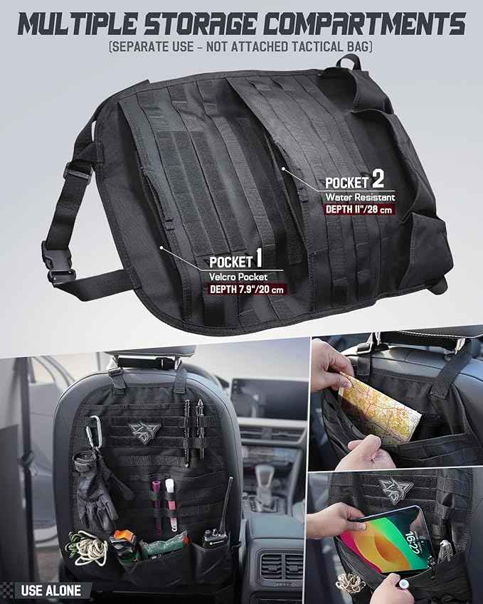 WYNEX Car Seat Back Organizer Set, Universal Vehicle Accessories Molle Panel Detachable 4 Tactical Pouches - Medical, Phone, Admin Storage Bag for Road Trips, Fits Most Cars, SUVs, Trucks