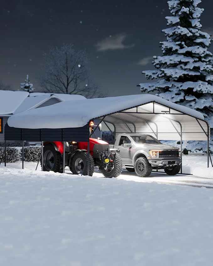 20x20FT Metal Carport Heavy-Duty Build with LED Light & Galvanized Steel Roof, All-Season Reinforced Stable Structure,Spacious Versatile Shelter for Cars, Boats, and Events