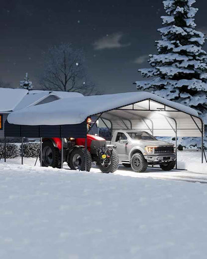 20x20FT Metal Carport Heavy-Duty Build with LED Light & Galvanized Steel Roof, All-Season Reinforced Stable Structure,Spacious Versatile Shelter for Cars, Boats, and Events