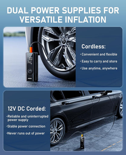 Tire Inflator Portable Air Compressor, 150PSI Cordless Air Pump for Car Tires, Battery & 12V DC Dual Power Electric Bike Tire Pump with Digital Pressure Gauge, LED Light, for Motorcycle, Ball