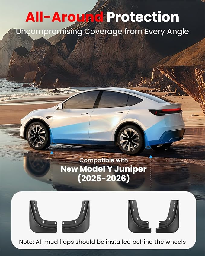 REEVAA 2026 Tesla New Model Y Juniper Accessories - Mud Flaps [Protect Paint, No Drilling Required] All-Weather Splash Guard Body Kits for Model Y Juniper 2025-2026, Black (Set of 4)