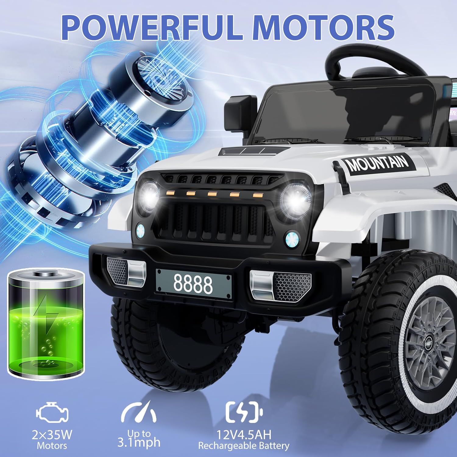 12V Kids Ride on Truck Car, w/Parent Remote Control, Twin 35w Motors, 3 Speeds, LED Lights, Music & Horn, Spring Suspension, Kids Electric Vehicles Toy for 3-5 Years Old Boys Girls Gift, White - AutoBay