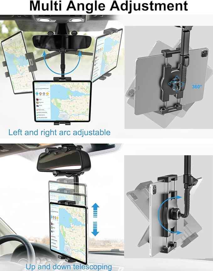 woleyi Rearview Mirror Tablet Holder for Car, Rear View Mirror Car Tablet Mount, 360° Rotatable Adjustable Universal Clip, for iPad Pro Air Mini, Galaxy Tabs, Z Fold, Fire HD, iPhone, 4.7-11" Devices