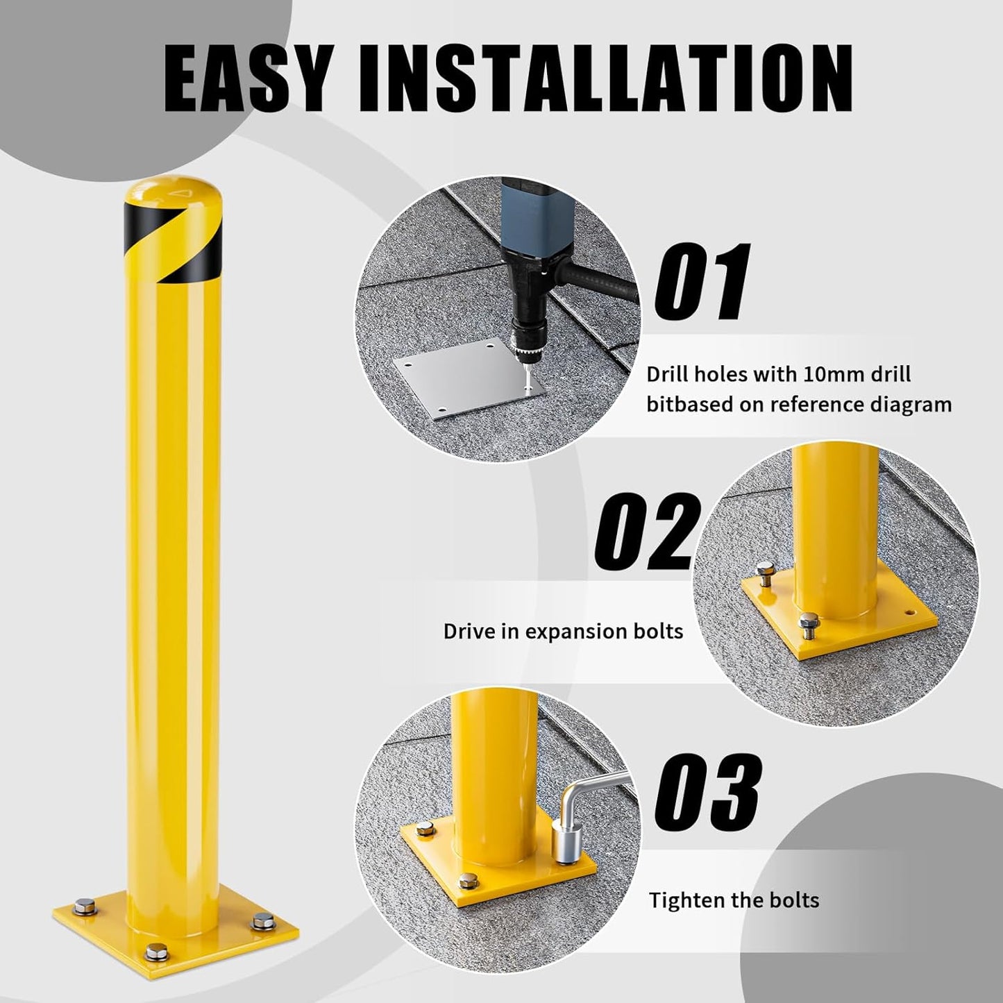 Safety Bollards, 48 inch Height Bollard Post, Yellow Powder Coated Safety Parking Barrier Post with 8 Anchor Bolts, for Traffic Sensitive Areas (48inch 6Pack)
