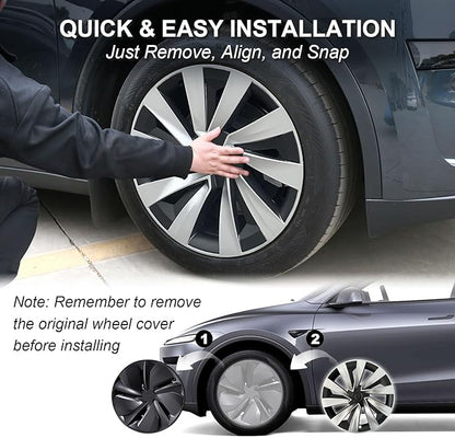 19 Inch Wheel Covers for Tesla Model Y Juniper 2025 2026, 4PCS Spiral Hubcaps Wheel Rim Protectors with Center Caps for Model Y Juniper Accessories, Seamless Fit, Sporty Style, Silver & Black