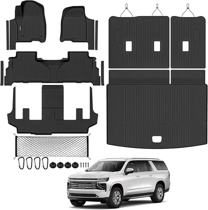 Tongama-Floor Mats for 2021-2024 Chevy Suburban/GMC Yukon XL 7 Seats with Bucket Seats, All Weather TPE Trunk Mat & 3rd Row Backrest Mats & Cargo Net & Door Sill Guards for Suburban Accessories
