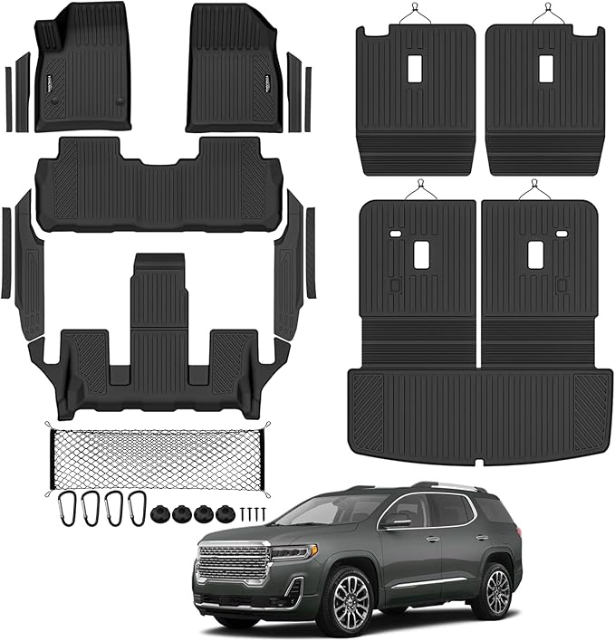 Tongama-Floor Mats for 2017-2023 GMC Acadia 6 Seat with Bucket Seats, All Weather TPE Trunk Mat with Backrest Mat & 2nd Row Backrest Mats & Cargo Net & Full Coverage Door Sill Guards Kit