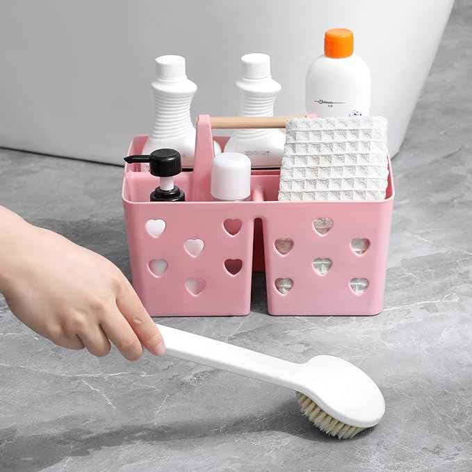 Anyoifax Portable Shower Caddy Plastic Shower Basket Organizer Divided Bathroom Caddy Storage Cleanning Caddy Tote with Handle for College, Dorm Room, Kitchen, Pink