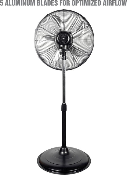 OEMTOOLS OEM24871 20" Oscillating Pedestal Fan, Adjustable Height for Garage, Shop, Gym, Warehouse 4500 CFM Airflow, 3-Speed Enclosed Motor, 5 Aluminum Blades, Dust-Resistant Industrial Purpose