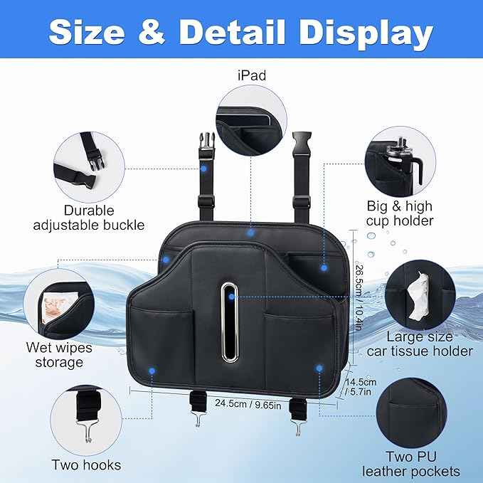 Upgraded Car Seat Back Organizer With Extra Large Tissue Holder Fits For Kleenex Tissue Box (50-230ct), PU Leather Headrest Seat Back Storage Accessories (Black-2 Packs)