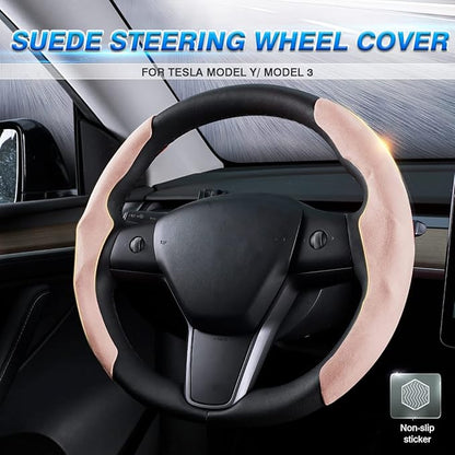 Shademax Custom-Fit for Tesla Steering Wheel Cover, Tesla Model Y / 3 2017-2025 2026 (Fit Model Y Juniper 2026/ Model 3 Highland) Suede Steering Wheel Cover for Tesla Model Y / 3 Accessories (Pink)