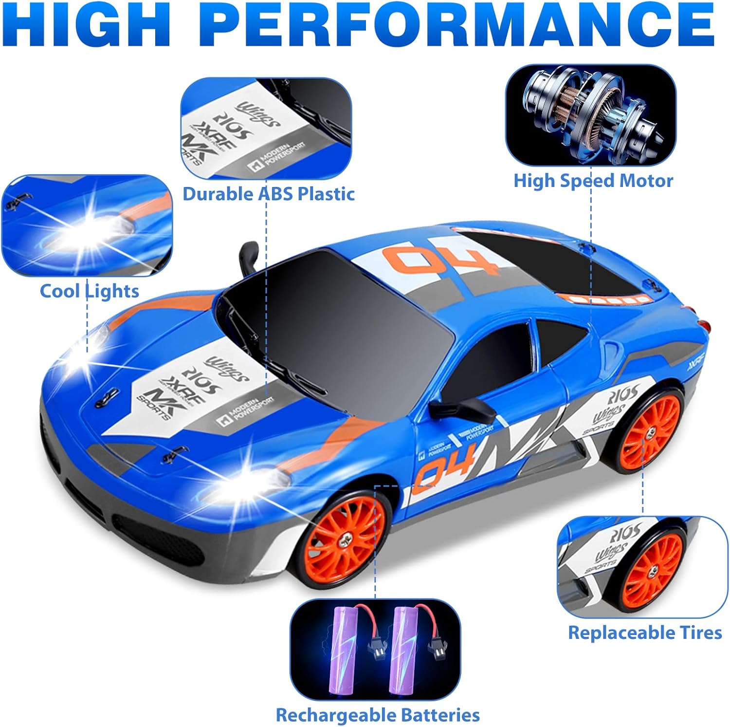 RC Drift Car 2.4GHz 1:24 Scale 4WD Remote Control Car 15KM/H High Speed Drifting RC Cars with Cool Lights, Two Batteries and Extra Tires Toys for Kids Boys Girls Adults, Blue - AutoBay