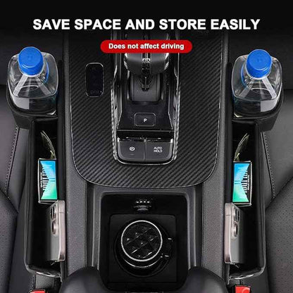Car Seat Gap Filler Organizer for Tesla Model X 2016-2025, Leather Seat Gap Storage Box with Cup Holder Phone Keys Glasses Cards Drinks Small Items Interior Accessories, Beige