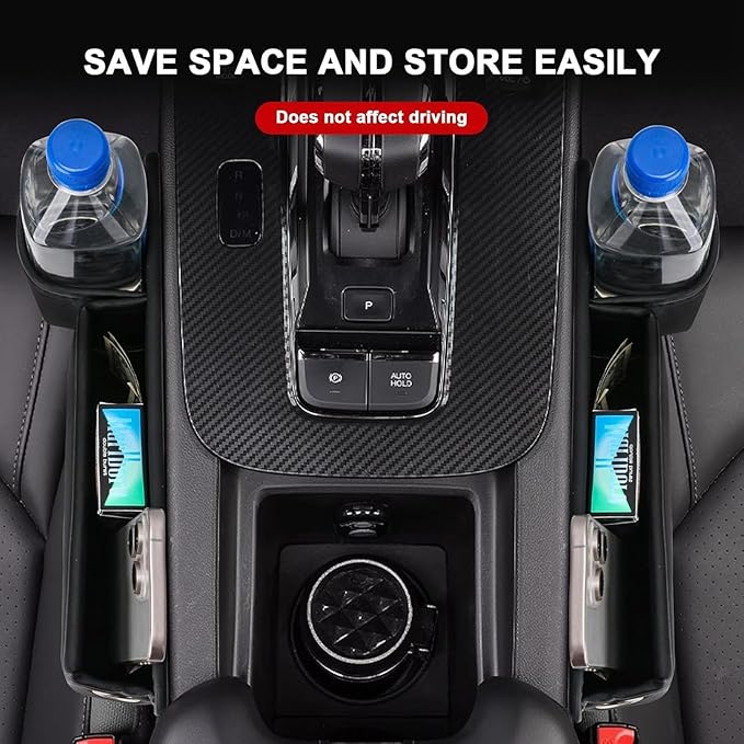 Car Seat Gap Filler Organizer for Tesla Model S 2016-2025, Leather Seat Gap Storage Box with Cup Holder Phone Keys Glasses Cards Drinks Small Items Interior Accessories, Red