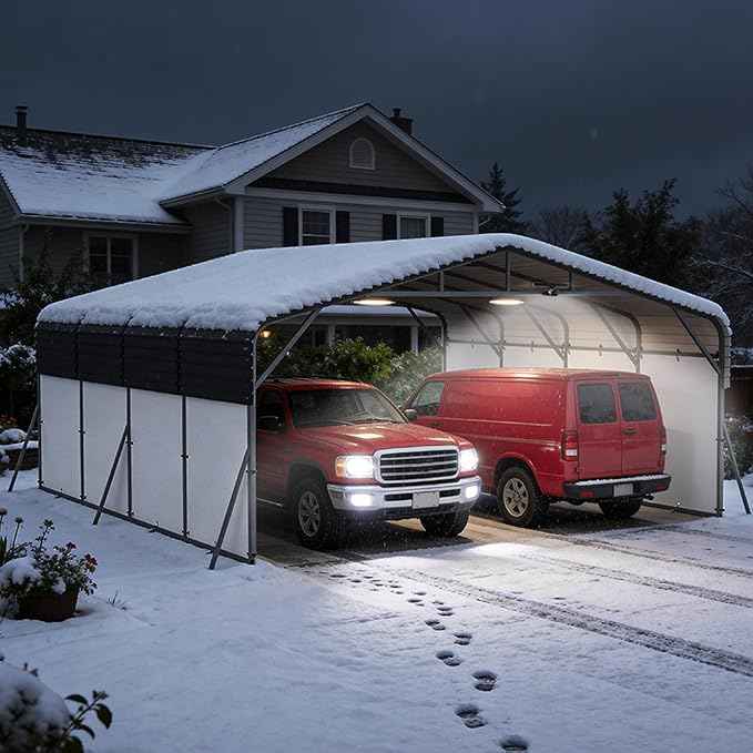 20x20FT Heavy Duty Metal Carport,Outdoor Portable Car Garage w/Led Light,Removable PE Sidewalls,Reinforced Base & Galvanized Steel Roof, Outdoor Car Port Canopy Shelter for Boats,Trucks