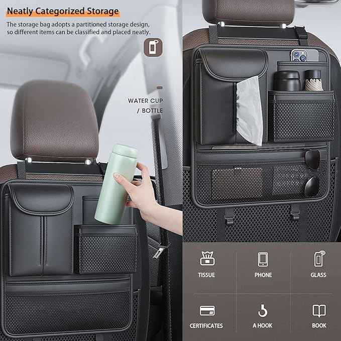 Backseat Car Organizer,5 Storage Pocketscar Seat Organizer,Car Storage Organizer with Foldable Food Tray,Car Seat Back Protectors Kick Mats Travel Accessories