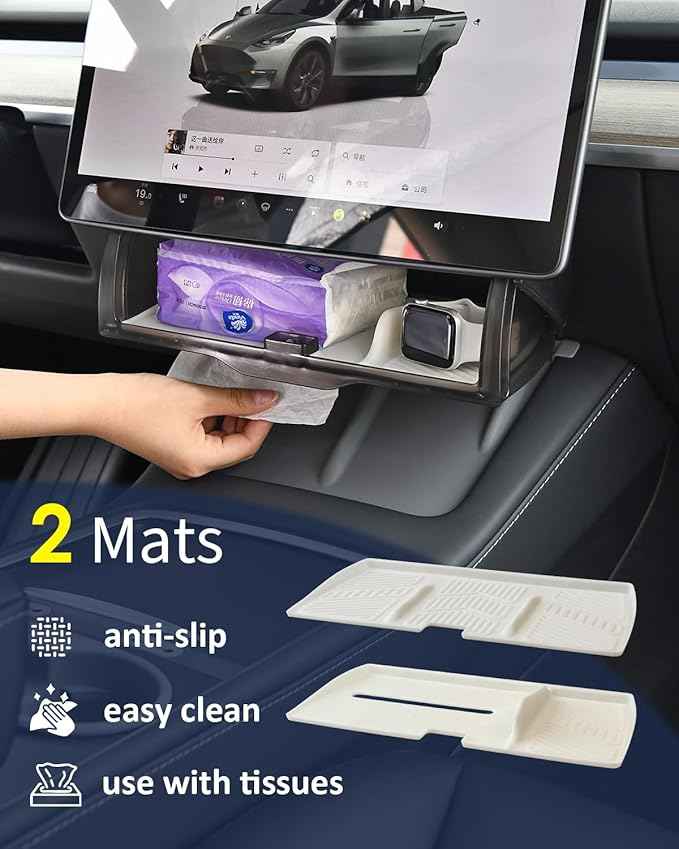 Under Screen Storage Organizer for Tesla Model Y Model 3 Accessories(include Juniper & Highland), Rattle-Free Push Latch Mechanism Perfect Fit, Tissue Dispenser, Hidden for Personal Valuables