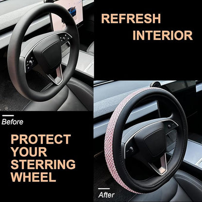 PINCTROT Bling Comfy Steering Wheel Cover for Tesla Model Y/3 Highland/Juniper, D Shaped 14 Inch Small Sized with Jumbo Crystal Rhinestones, Flat Bottom with Anti-Slip Diamond Leather (Pink)