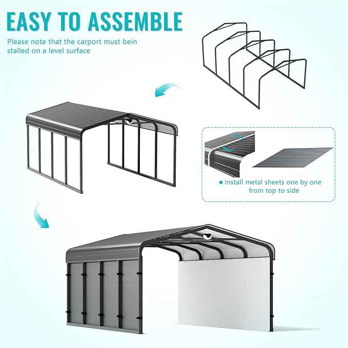 Metal Carport,12x20 Carport Canopy Heavy Duty All Weather,Car Tent Garage with Galvanized Metal Roof,Metal Car Ports for Snow,Outdoor Car Shelter,Grey