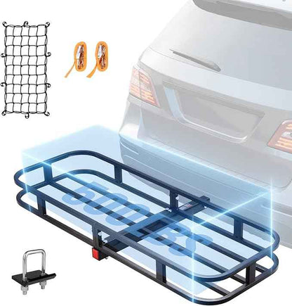VEVOR 53 x 19 5 in Hitch Cargo Carrier, 500lb Capacity Trailer Mount Basket, Steel Luggage Carrier Rack Fits 2'' Receiver for SUV Truck Pickup with Net, Stabilizer, Straps, Black