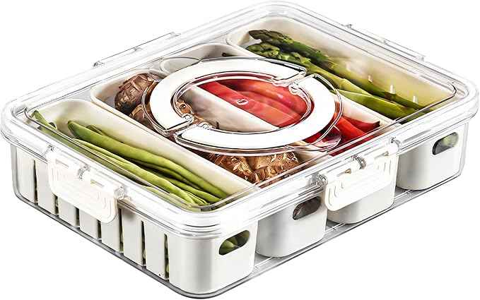 Eanpet Divided Veggie Tray with Lid and Handle 4 Compartment Serving Tray Portable Travel Snack Storage Containers Stackable Snackle Box Charcuterie Container for Fruit,Vegetable,Salad