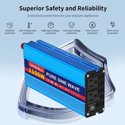 1100 Watt Pure Sine Wave Inverter, Solar Power Inverter, 12V DC to 110V AC Converter for RV, Home, Truck, Coffee Maker, Washer, TV, Fridge, Solar Power Pack with 2 AC Outlets and LCD Display