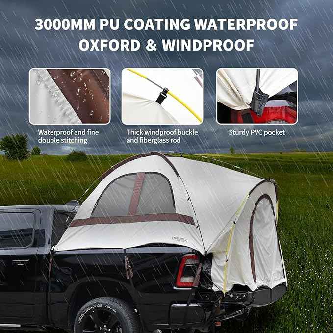 Tecoom Truck Bed Tent, Double Layer Waterproof PU3000mm for 5.5-6.7ft, Portable 2/3 Person Compact Full Size Pickup with Rain Fly for Back of Camping Beach