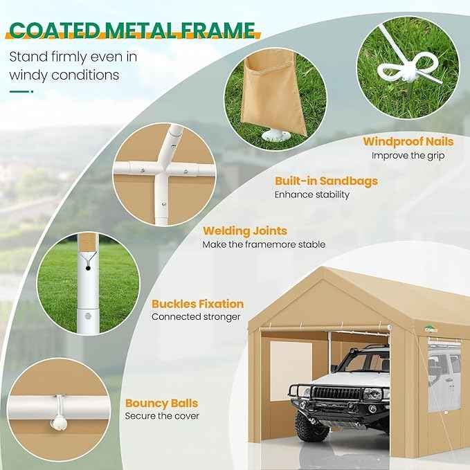 COBIZI 12x20 FT Heavy Duty Carport with Galvanized Frame, Carport Canopy with Roll-up Windows, Storage Tent with Removable Sidewalls & Doors, Built-in Sandbags for Car Boat Truck, Khaki