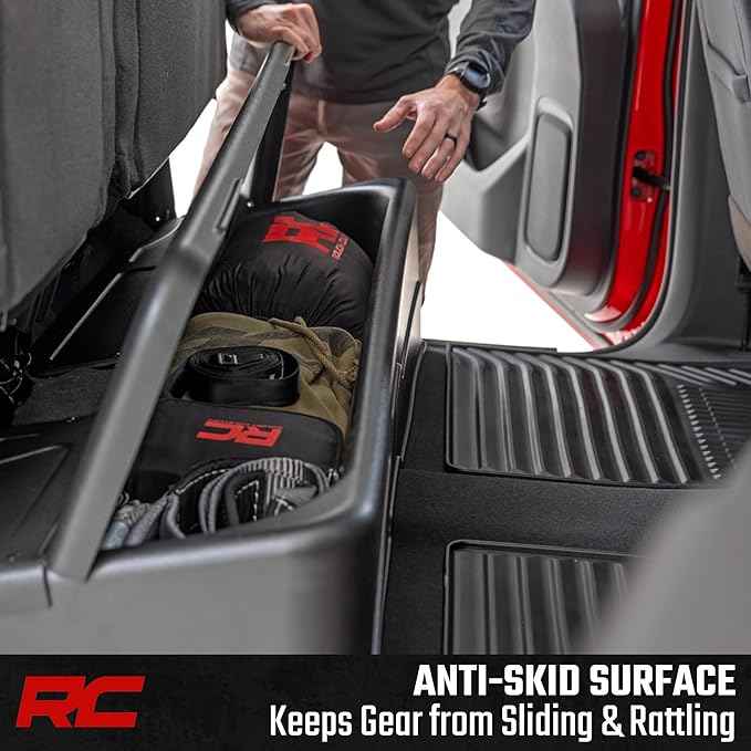Rough Country Under Seat Storage for Chevy Silverado & GMC Sierra 1500/2500HD/3500HD Crew Cab (2019-2026) - Custom Rear Under Seat Organizer Tray with Lockable Lid