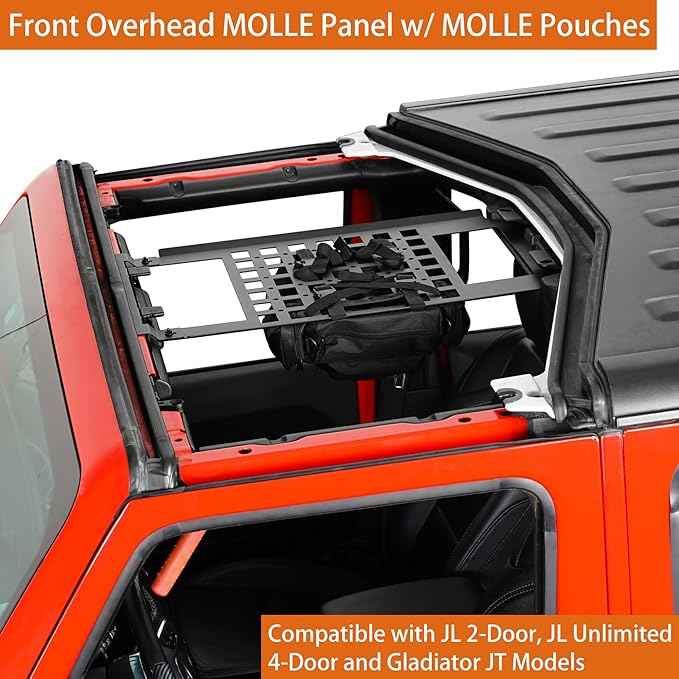 Hooke Road Front Overhead MOLLE Panel w/Pouches Roof Cargo Rack Storage Bag for 2018-2026 Jeep Wrangler JL & Gladiator JT 2/4 Doors (Hardtop Only)