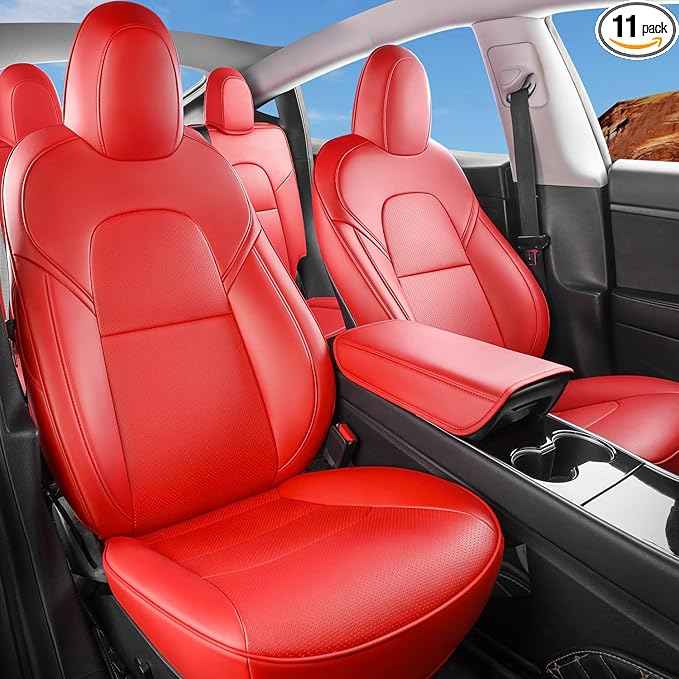 Tesla Model Y Car Seat Covers Nappa Leather Car Interior Seat Airbag Compatible Cushion Cover Full Set Custom Fit 2024 2023 2022 2021 2020, Nappa Bright Red