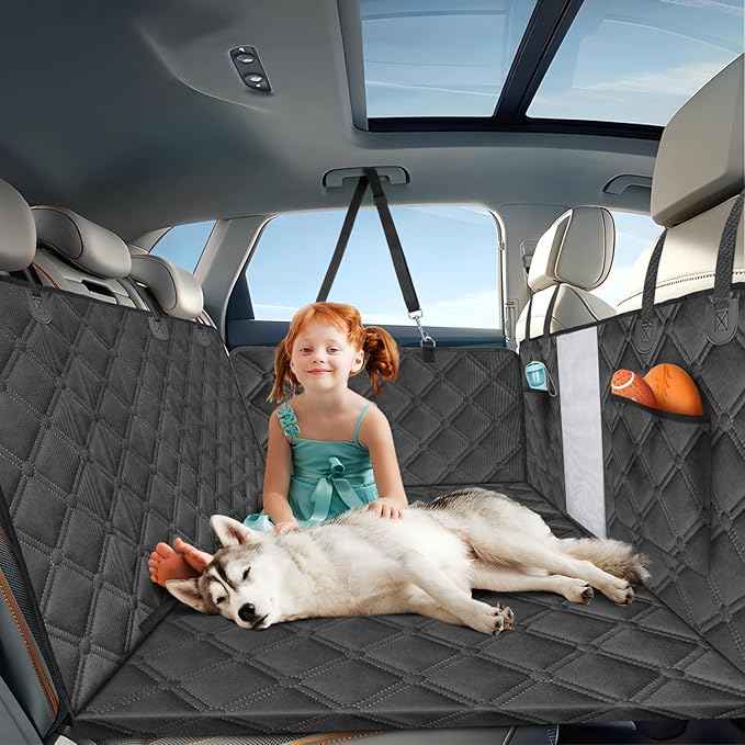 Nobleza Dog Car Seat Cover for Large Dogs, Hard Bottom Waterproof Backseat Extender with Mesh Window & Pocket, 400lbs Heavy Duty Anti-Scratch Non-Slip Pet Hammock for SUV Truck Cars