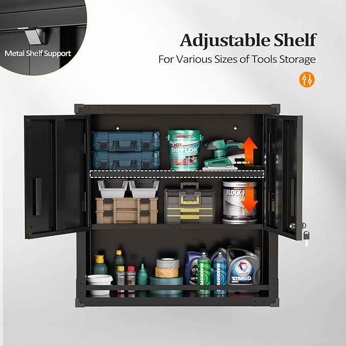 VINGLI Garage Wall Cabinet with Locking Doors and Adjustable Shelf, Metal Wall Cabinet, Floating Upper Storage Cabinet (Black, 30''W x 12''D x 30''H)