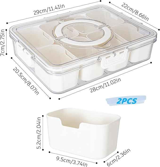 Divided Snack Serving Tray with Lid and Handle Travel Snackle Charcuterie Container Portable Storage Organizer for Candy, Fruits, Nuts, Snacks, Party, Picnic 2 Packs White