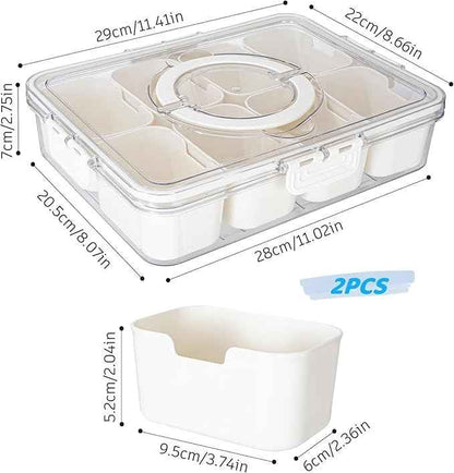 Divided Snack Serving Tray with Lid and Handle Travel Snackle Charcuterie Container Portable Storage Organizer for Candy, Fruits, Nuts, Snacks, Party, Picnic 2 Packs White