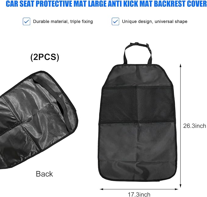 2 PCS Back Seat Cover for Kids, Car Kick Mat Seat Protector with 2 Storage Pockets, Premium Water Resistant Backseat Kick Mats Protect Vehicle from Dirt, Mud, Scratches