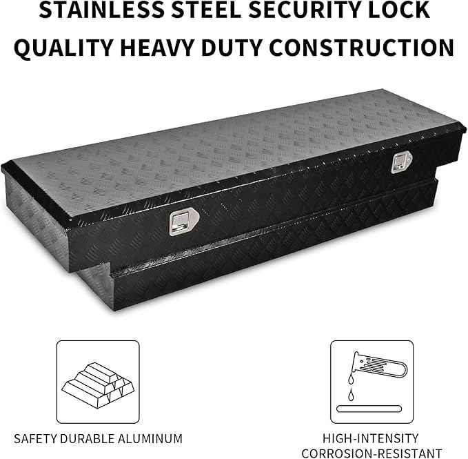 69 Inch Black Heavy Duty Aluminum Tool Box Wide Utility Trailer Stripes Plated 5 Bar Tread for Pick Up Truck Bed RV ATV Organizer Trailer Storage ToolBox w/Lock and Keys (69"X20"X14.75")
