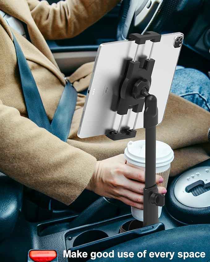 woleyi Cup Holder Tablet Holder for Car Mount - [3 in 1 Expander Bottle] Car Cup Tablet Mount for Car/Truck with Height Adjustable Metal Arm, for iPad Pro Air Mini, Galaxy Tab, Z Fold, 4.7-13" Devices