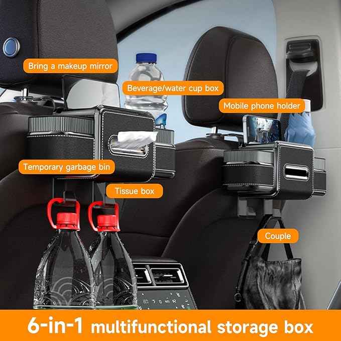 Multifunctional Car Seat Back Organizer Box with Drink Cup Holder, Makeup Mirror, Tissue Box& Hooks for Car Seat Back, New Upgrade Car Headrest Backseat Organizer Suitability for Wife, Girlfriend