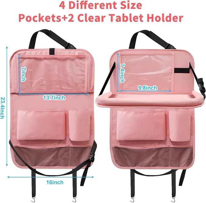 Car Backseat Organizer with Tray, Seat Back Table Holder with 6 Storage Pockets, Car Seat Back Protectors Kick Mats Travel Accessories, 2 Pack Pink