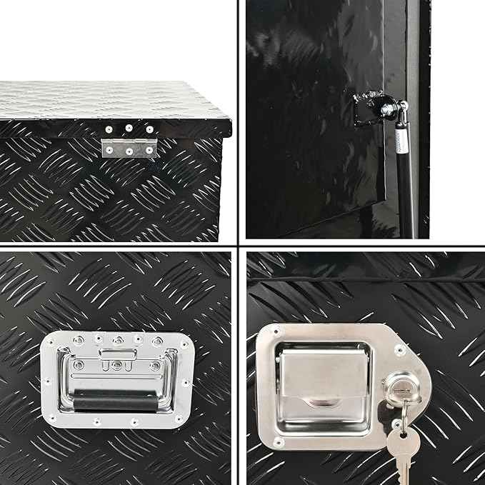 44 Inch Black Aluminum Tool Box 5 Bar Tread Chest Box Flatbox for Truck Car Outdoor Trailer Pickup Underbody RV ATV Storage Bed ToolBox w/Lock and Keys, Side Handle (44"x24"x24")