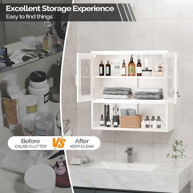 VINGLI Metal Wall Cabinet with Locking Glass Doors, Adjustable Shelf, Wall Mounted Storage Display Cabinets for Garage, Kitchen, Home Office, Warehouse, Living Room, White