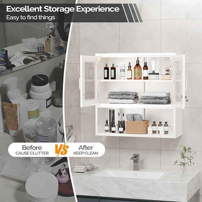 VINGLI Metal Wall Cabinet with Locking Glass Doors, Adjustable Shelf, Wall Mounted Storage Display Cabinets for Garage, Kitchen, Home Office, Warehouse, Living Room, White