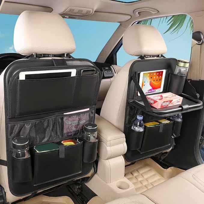 Leather Car Backseat Organizer with Tablet Holder - 9 Large Storage Pockets, Foldable Food Tray & Anti-Scratch Kick Mats - Universal Car Seat Protector for Kids, Pets & Travel Accessories 1 Pack