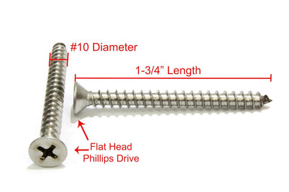 Bolt Dropper #10 X 1-3/4'' Stainless Steel Flat Head Phillips Wood Screw, (100 pc), 18-8 (304) Stainless Steel Sheet Metal Screws- Type A Point, Plain Finish, Threads That Bind