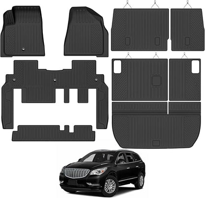 Custom Fit Floor Mats for Chevy Traverse 2009-2017/Buick Enclave 2008-2017 8 Seats/Bench Seat, All Weather TPE Floor Liners & Trunk Mat & 2nd/3rd Row Backrest Mats, Full Set Interior Accessories