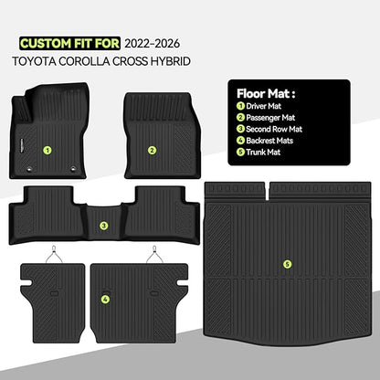 Tongama-Floor Mats for 2022-2026 Toyota Corolla Cross Hybrid, All Weather TPE Floor Liners and Trunk Mat and Backrest Mats Protectors for Corolla Cross Hybrid Waterproof Interior Accessories