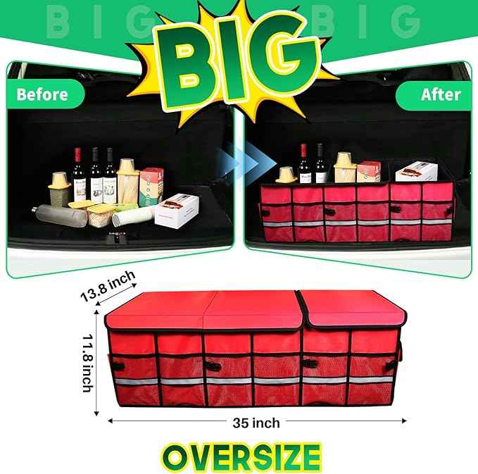Big Car Trunk Organizer, Cargo Organizer SUV Trunk Storage Non Slip Bottom Waterproof Collapsible Durable Multi Compartments-(Oversize,Red)
