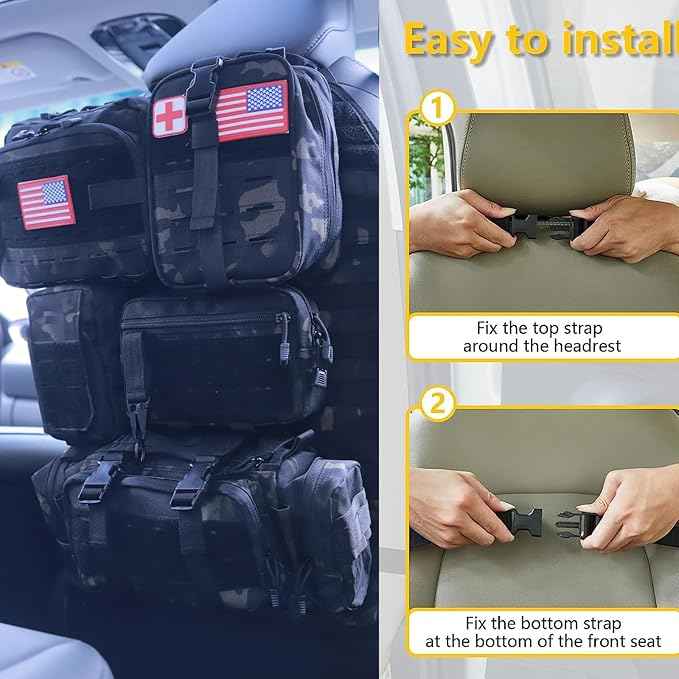 Universal Tactical Car Seat Back Organizer Bag Tactical Molle Vehicle Organizers Panel Vehicle Protector Organizers with 5 Detachable Pouches for Car Truck Ford Jeep (Upgraded D model Black camo)
